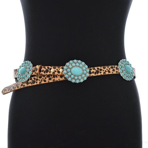 Tipi Accessories - Western Turquoise Flower Concho Floral Leopard Animal Print Belt S/M by Tipi